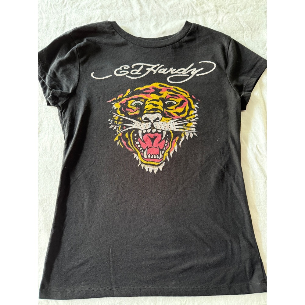 Ed Hardy Womens Tiger Graphic Tee Black Y2K Short Baby T Cropped Tattoo Med